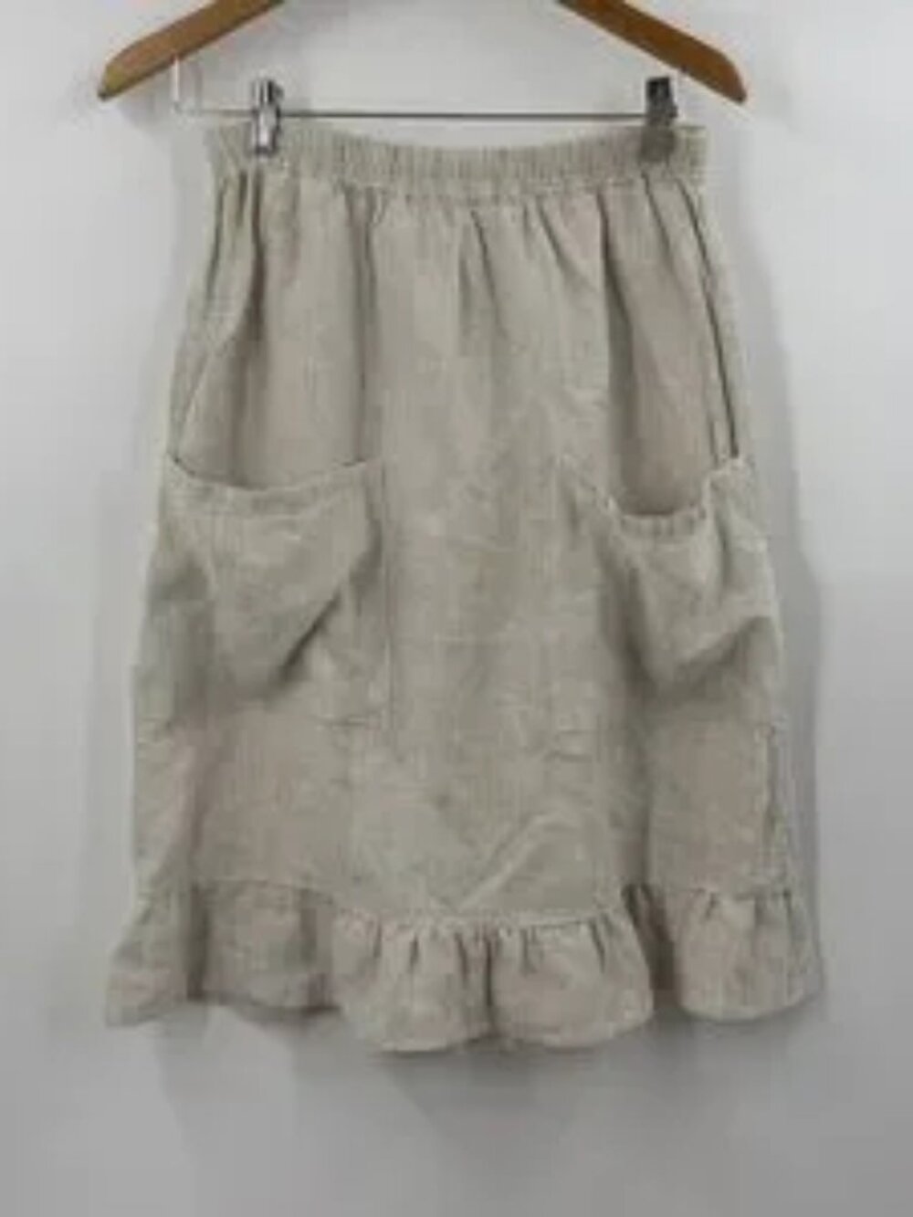 Linen skirt neutral beige cream stripe midi skirt pockets beach